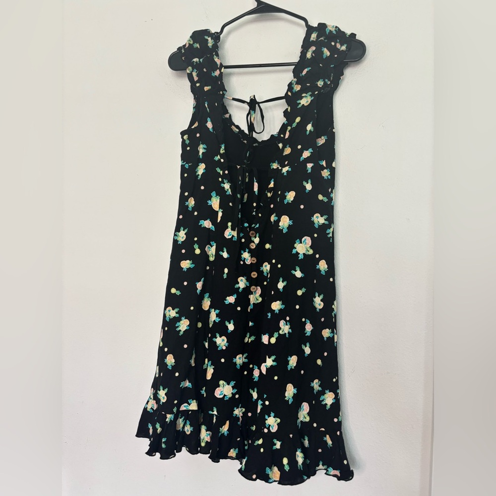 FREE PEOPLE BLACK FLORAL RUFFLE MINI DRESS SZ SMALL - Picture 6 of 10